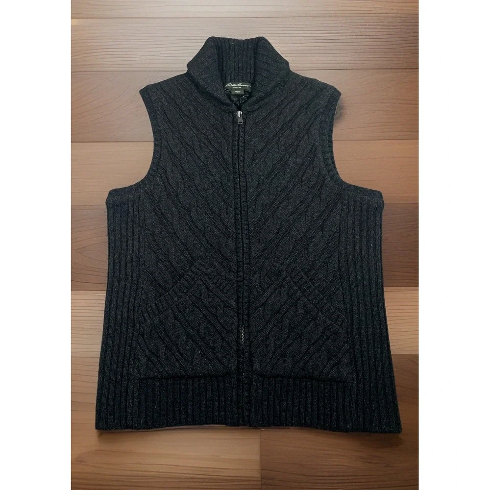Eddie Bauer Fisherman Knit Wool Vest Women L Gray Insulated‎ Zip Puffer Jacket